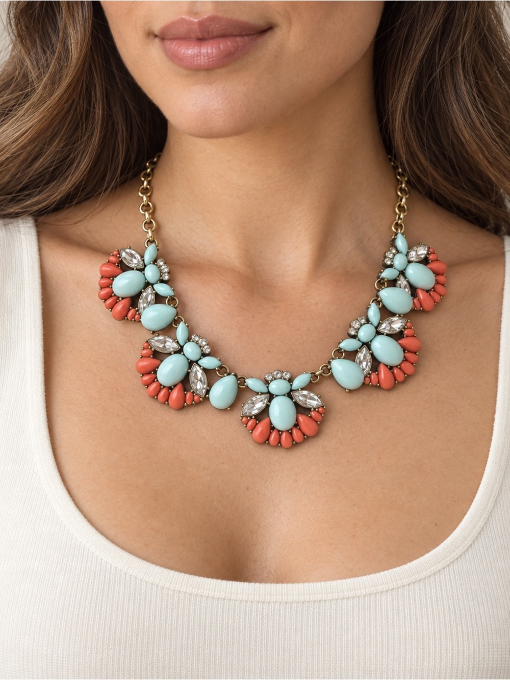 Banana Republic Statement Floral Bib Necklace in Coral and Aqua